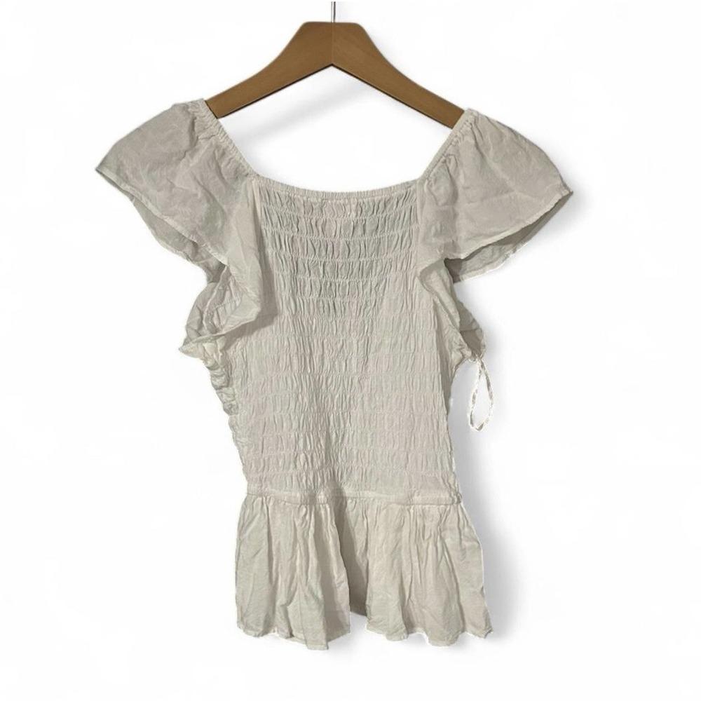 White Ribbed Smocked Ruffle Top Women's Size Small Stretchy Sleeveless - Picture 2 of 3